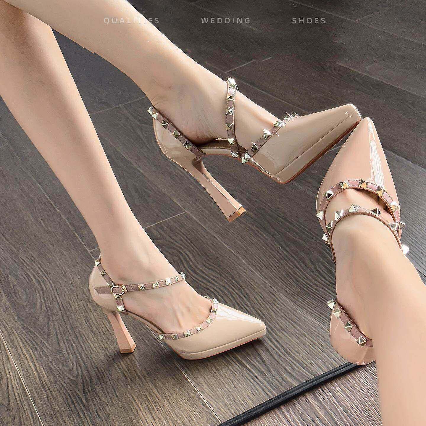 裸色超高跟鞋女日常百搭气质不累脚粗跟防水台铆钉时尚包头凉鞋女