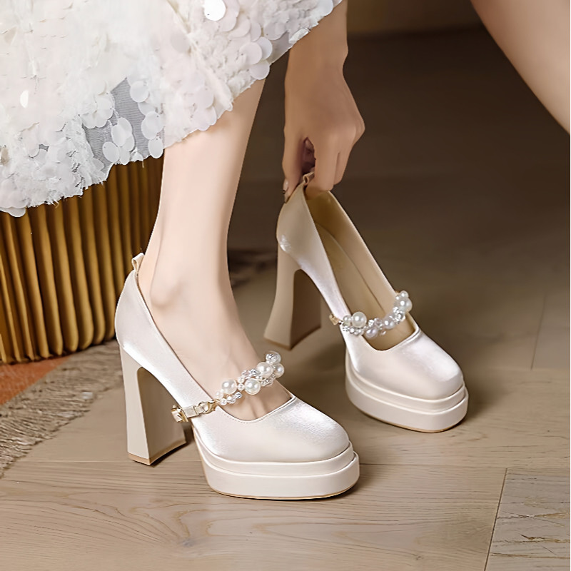 10cm粗跟防水台香槟色玛丽珍新娘婚鞋超高演出不累脚缎面高跟鞋女