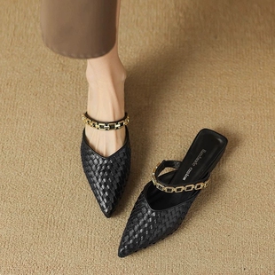 真皮复古包头半拖鞋女夏季外穿高级感穆勒鞋大码女鞋平底尖头凉拖