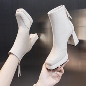 加绒短靴粗跟真皮单靴防水台高跟鞋 米白色马丁靴女2025年新款 冬季