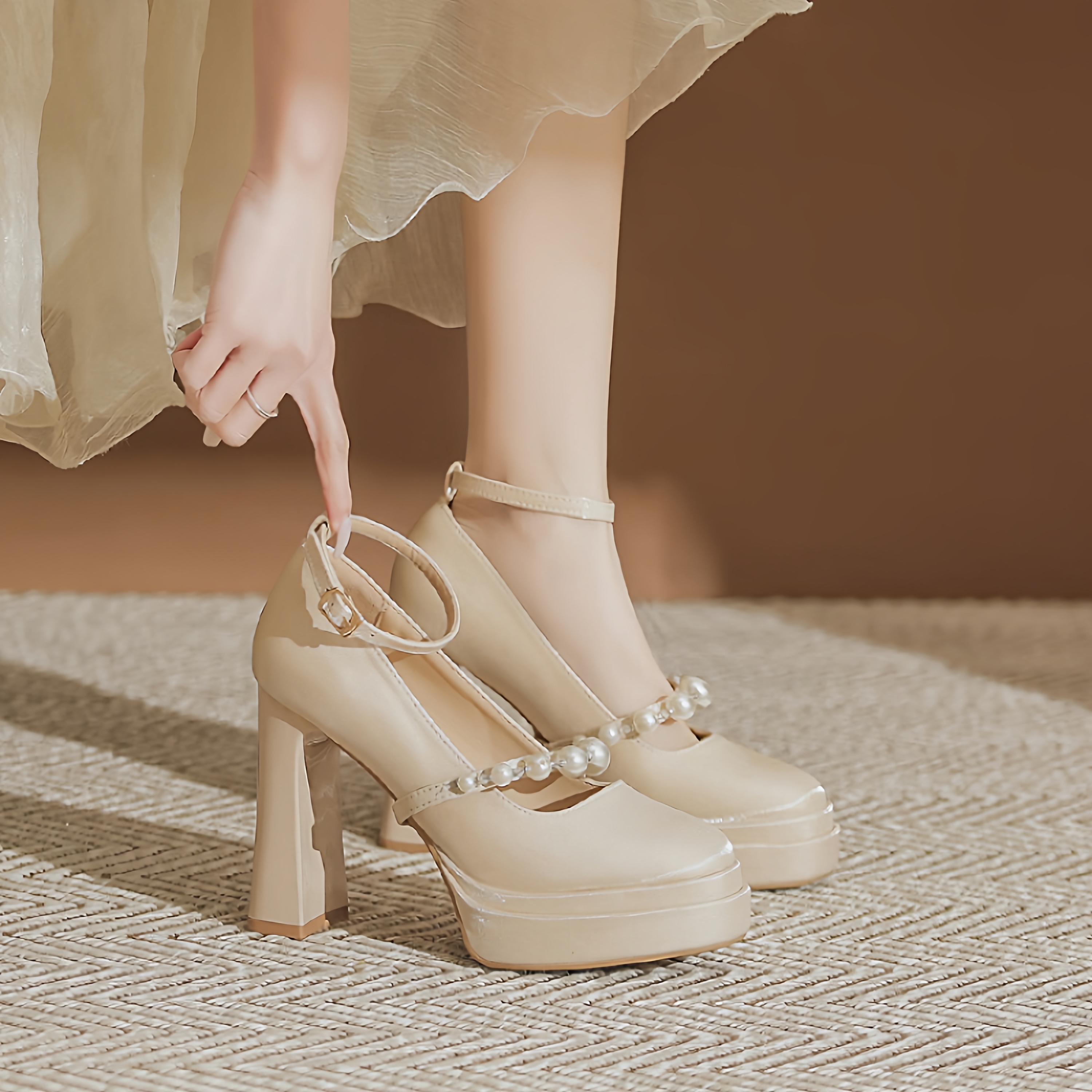 厚底防水台高跟鞋女粗跟珍珠婚鞋