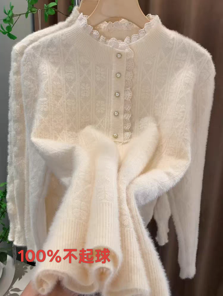 2025秋冬新款半高领毛衣女款宽松洋气加厚蕾丝打底衫高级感上衣女