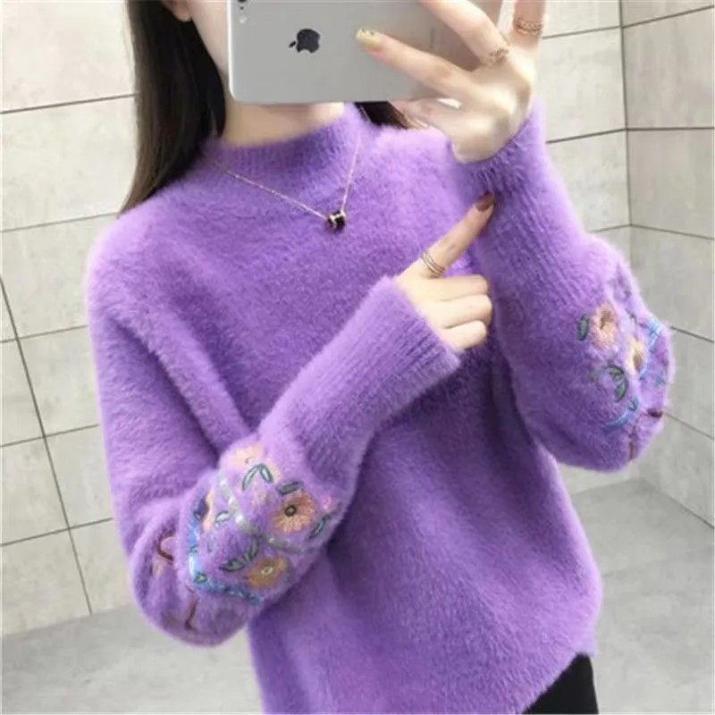 水貂绒女士毛衣2025秋冬款半高领绣花设计针织衫修身冬打底衫上衣,女装/女士精品,毛衣,淘宝优惠券,粉丝福利购,淘宝优惠卷