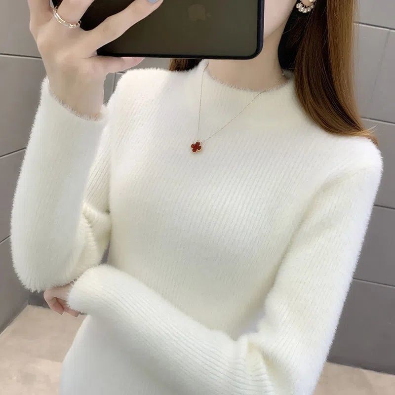 半高领仿水貂绒打底衫秋冬新款毛衣女款宽松洋气加厚高级感上衣女