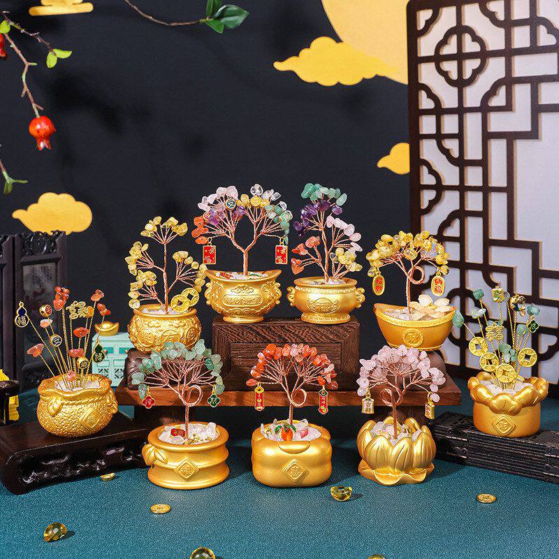 发财桌面财神好运玄学办公室大力盲盒摆件礼物工位发财树水晶装饰