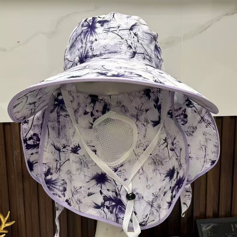 薄款大檐防晒遮阳帽子女士户外农活采茶帽披肩遮脸护颈防护雪纺帽