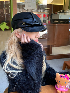 hucares定制款「酷酷爵士」褶皱亮皮方圆脸贝雷帽八角帽子女秋冬