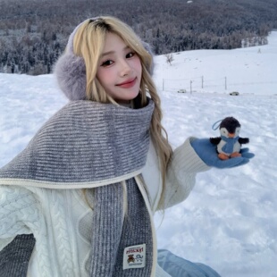 hucares 「少女日记」定制灰色白边围巾 手工感超保暖防寒