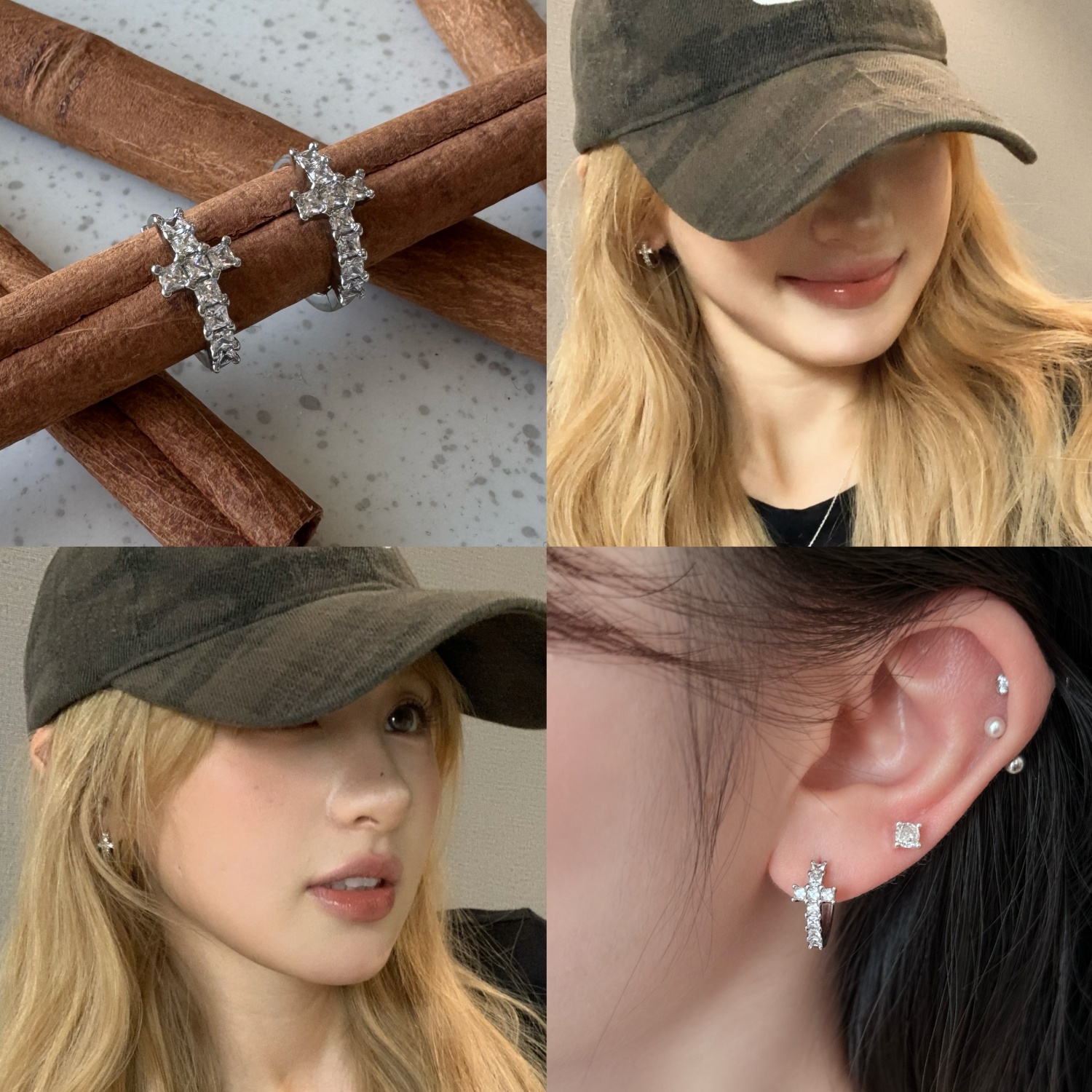 hucares 「满钻十字」定制爆闪十字架耳圈一对修饰脸型百搭耳环