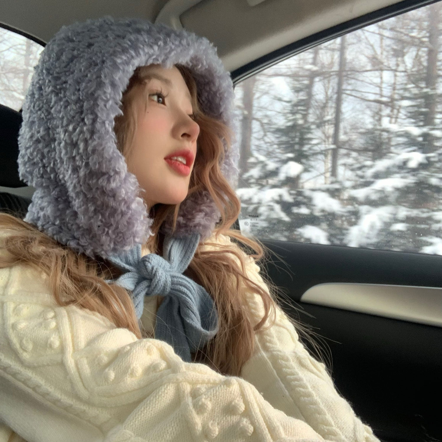 hucares自制「巴拉克拉法帽子」蓝色女秋冬季2023新款保暖护耳毛