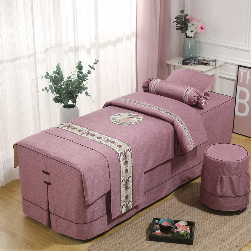 绣花款白色加厚大气风高端床罩美容床套四件套美容院专用床上用品