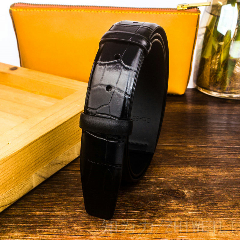 鳄鱼纹牛皮无头皮带男款头层真皮腰带男设计小众单皮带无扣裤带