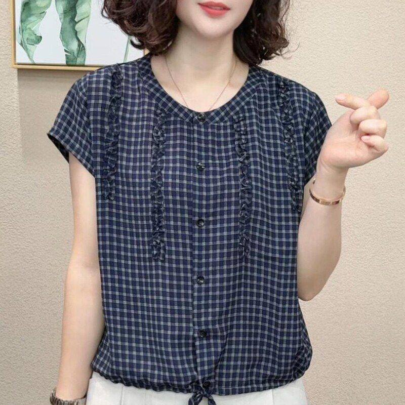 格子短袖衬衫女2026夏季新款中年妈妈圆领系带衬衣宽松减龄上衣