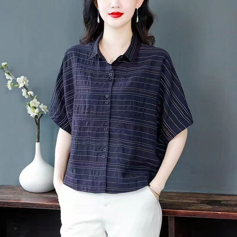 棉麻条纹衬衫女短袖夏季新款妈妈气质亚麻小衫宽松遮肚显瘦上衣