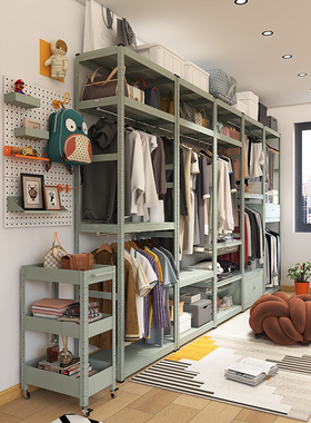 峰阳灰绿色金属衣架置物架落地卧室衣帽间一面墙开放式挂衣衣柜yj