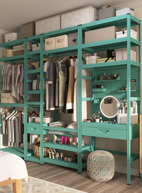 峰阳蓝色衣架落地置物架家用卧室衣帽间开放式多层金属简易衣柜m1