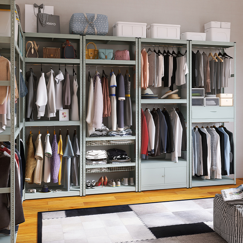 灰绿色碳钢材质开放式衣柜