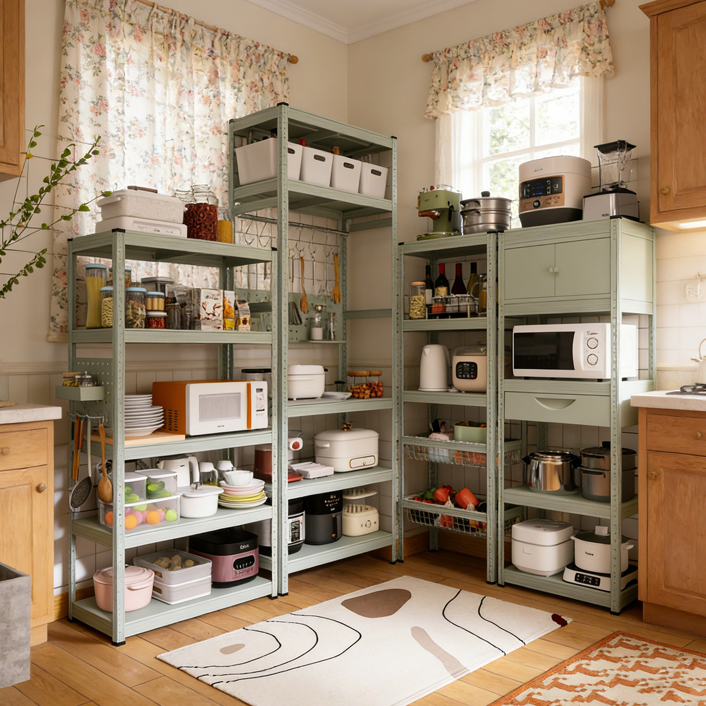 峰阳灰绿色厨房置物架落地式多层微波炉烤箱架子收纳架铁艺放锅架