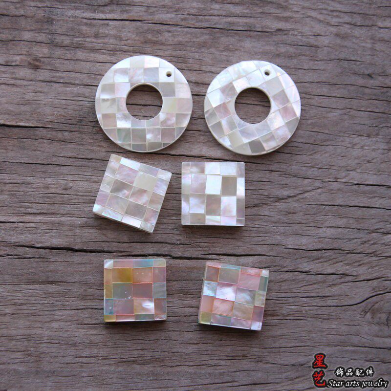天然白蝶贝彩贝拼接正方形贴片 贝壳马赛克圆花吊坠 diy手作配件