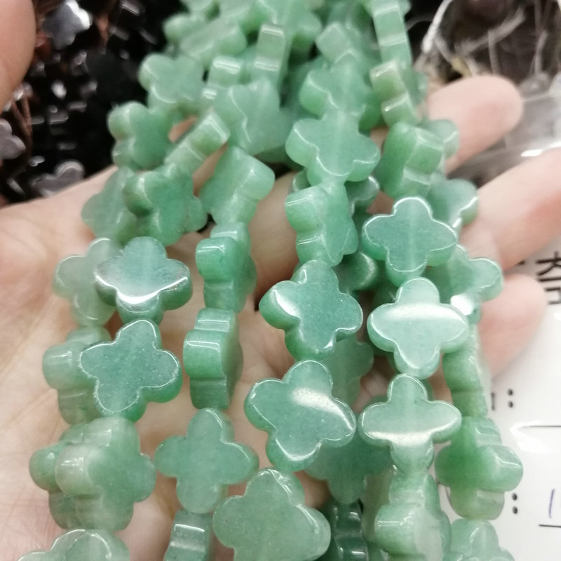 天然石四叶草通孔散珠 平面蓝白灰绿黑黄四角花 diy手作饰品配件