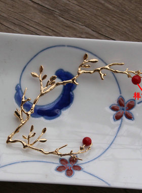 diy金色枝丫胸针发钗手作风珠子