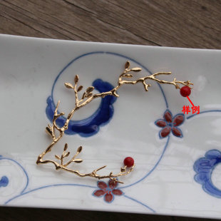 可粘半孔珠子珍珠枝丫发簪胸针发钗diy手作饰品配件 铜铸金色树枝