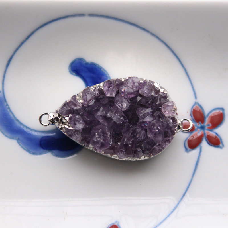 天然紫水晶晶簇水滴吊坠 粗晶芽厚双孔奇石挂坠 diy手作饰品配件