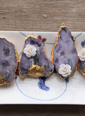 天然水晶洞玫瑰花吊坠 金边随形紫色项链坠子包枕diy手作饰品配件