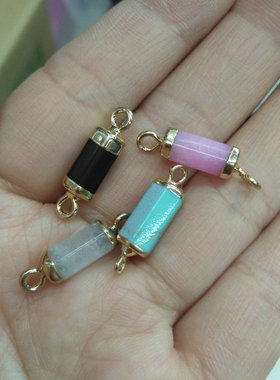 5/7*12mm天然六角柱电镀金边吊坠 黑粉白蓝色双孔耳饰diy饰品材料