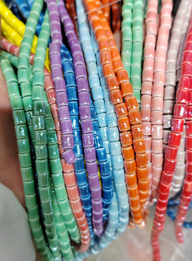 陶瓷圆管散珠6*7mm蓝绿紫粉灰红通孔散珠手链项链手工饰品配件diy
