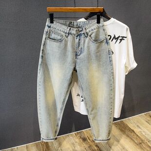 新款 男宽松锥形2024秋季 老爹哈伦浅色九分 复古八分牛仔裤 潮牌美式
