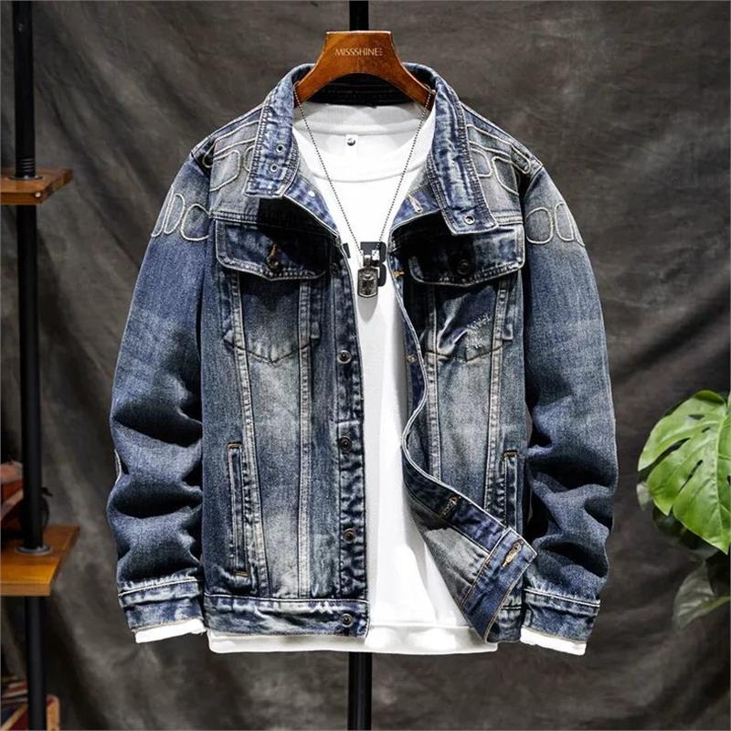 秋冬宽松长袖牛仔衣男款牛仔夹克帅气机车外套休闲上衣服刺绣复古