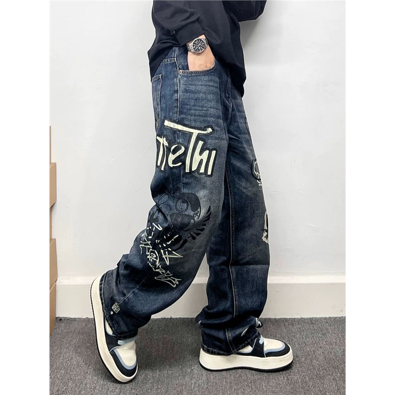 潮牌卡通涂鸦牛仔裤男复古做旧宽松直筒裤个性印花街头风痞帅长裤