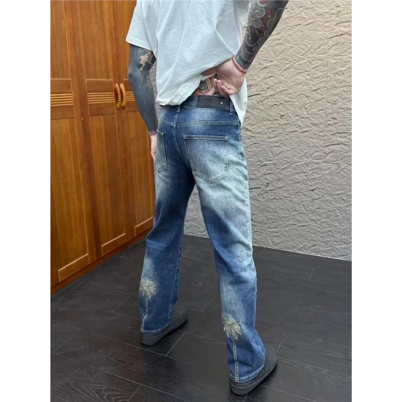 冬季新款时尚休闲百搭椰子树刺绣牛仔裤美式休闲高级感直筒裤男士