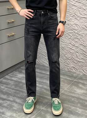 美式高街破洞修身牛仔裤拉链磨破