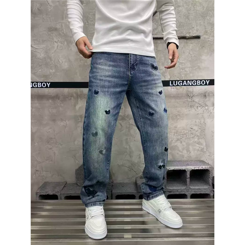 秋冬新款美式潮流长裤蝴蝶刺绣牛仔裤男宽松直筒潮牌痞帅炸街长裤