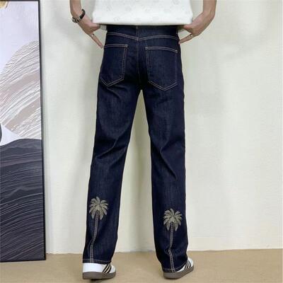 昊臣椰树刺绣原色直筒牛仔
