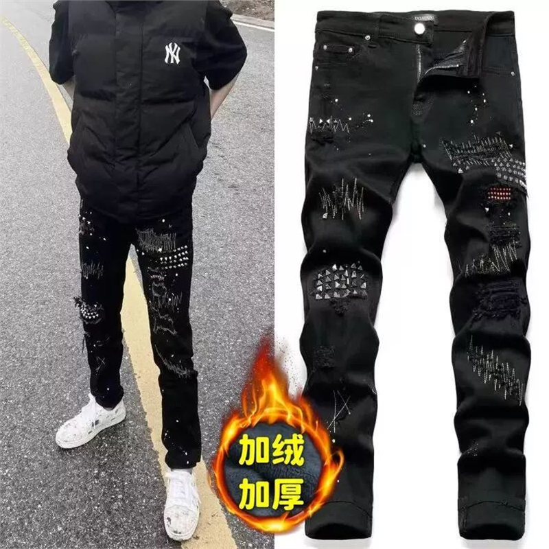 冬季加绒厚欧美弹力黑色破