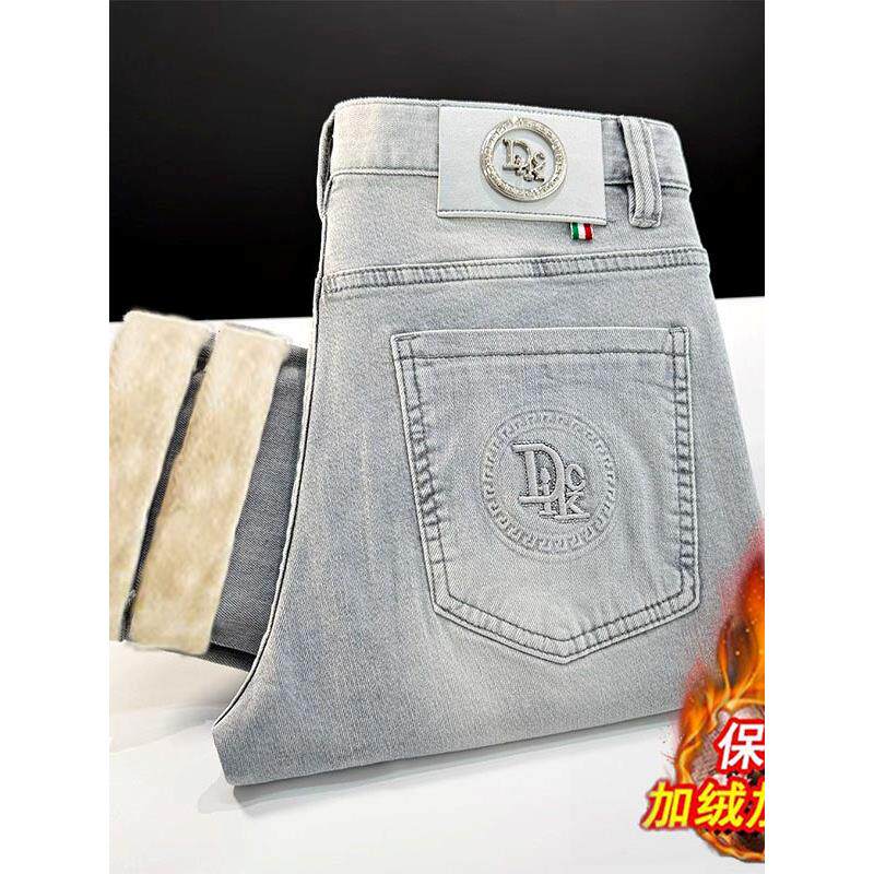 高端大牌后袋烫印修身牛仔裤男款冬季灰色休闲长裤欧货潮牌小脚裤