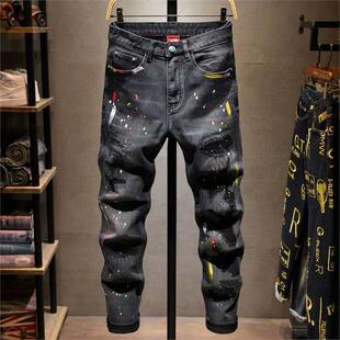 乞丐破洞牛仔裤男秋冬季2025潮牌痞帅美式泼墨涂鸦修身小脚裤子男