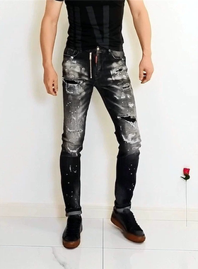 欧货高端重工破坏烟灰色刮烂前后假破洞修身小脚d2次方牛仔裤男潮