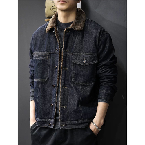2025冬季加绒保暖羊羔绒牛仔外套男美式复古水洗工装夹克翻领棉衣