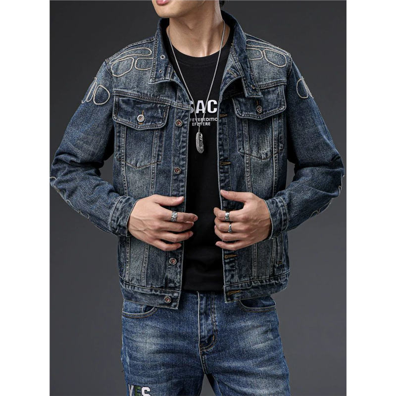 欧货刺绣牛仔外套男2025秋季新款男士美式潮流复古做旧翻领夹克男