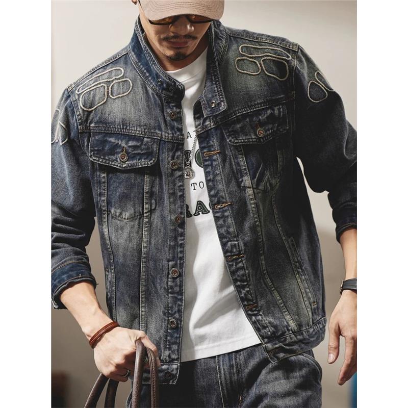 秋冬宽松长袖牛仔衣男款牛仔夹克帅气机车外套休闲上衣服刺绣复古