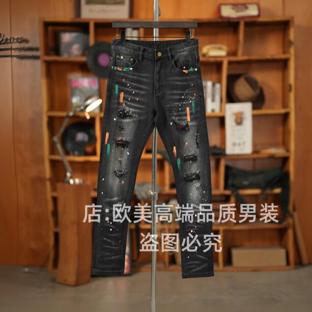 春季原创高端美式泼墨彩绘破洞补丁男士黑色牛仔裤弹力休闲潮牌