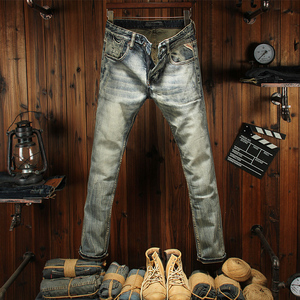 春季男士牛仔裤欧美风个性修身小脚复古做旧弹力青年怀旧潮流百搭