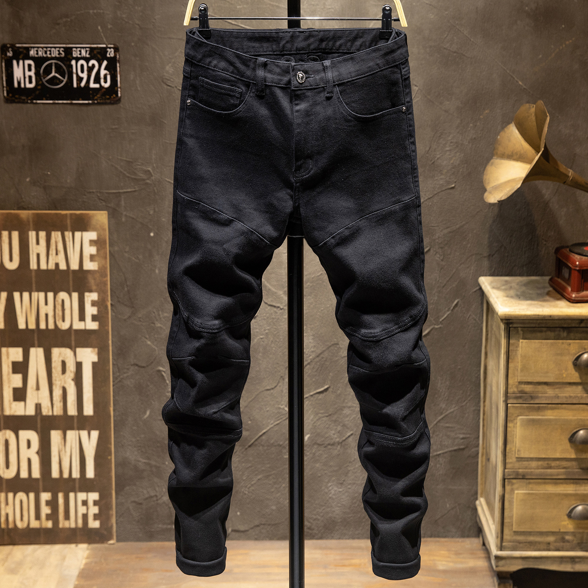 春季原创黑色拼接拉链机车服牛仔裤男士修身小脚弹力潮牌休闲百搭