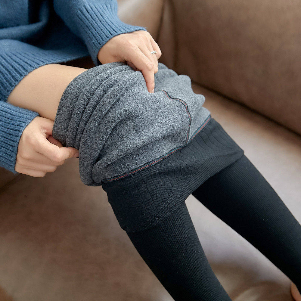 加绒加厚打底裤女高腰棉竖条踩脚裤弹力无缝一体连袜秋冬保暖棉裤