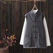 爸爸装 春秋单层唐装 套装 马甲男马褂纯棉老粗布背心打底衫 坎肩中式