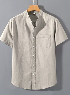 透气短袖夏季休闲中式男装立领轻薄国风亚麻纯色宽松棉麻衬衣衬衫